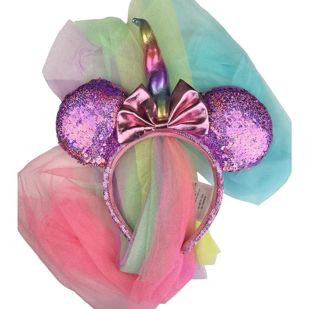 Disney Minnie Mouse Sequin Princess Veil Rainbow Unicorn Ears Headband